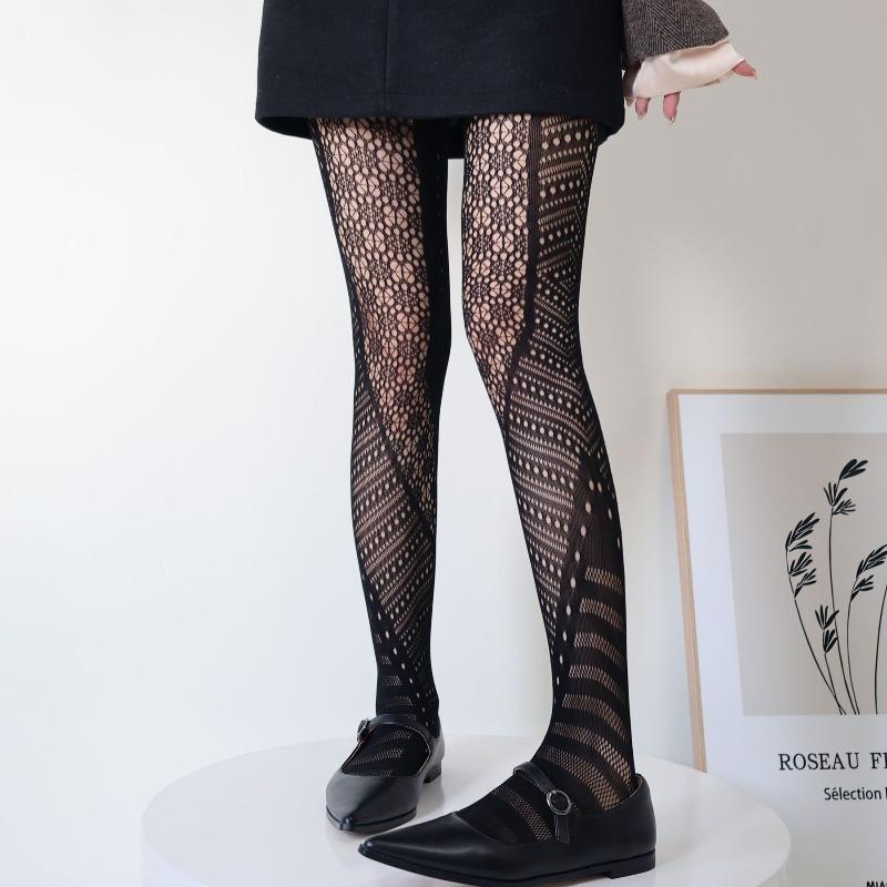 Neue Gothic Unregelmäßige Florale Jacquard Strumpfhosen Damen Sexy Netzstrumpfhosen Elastisch Schlankmachend Hohe Taille Ausgeschnittenes Netz-Strumpfhosen M gray