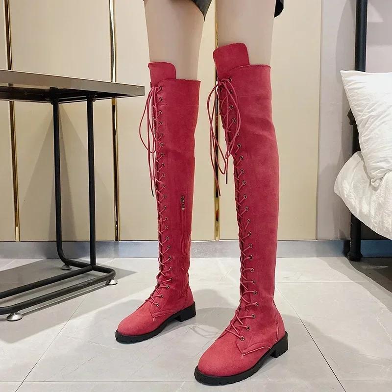 Hot Sale Lace-up Round Toe Low Heel Women's Boots Cow Suede Over The Knee Modern Boots Square Heel Winter Ladies Shoes