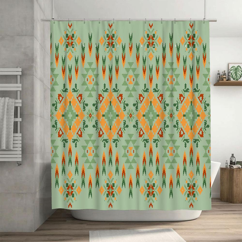 Modern Bohemian Geometric Bathroom Shower Curtain Set in Green Orange Decorative Fabric Waterproof Bath Mat 70x180cm (4 Pieces)