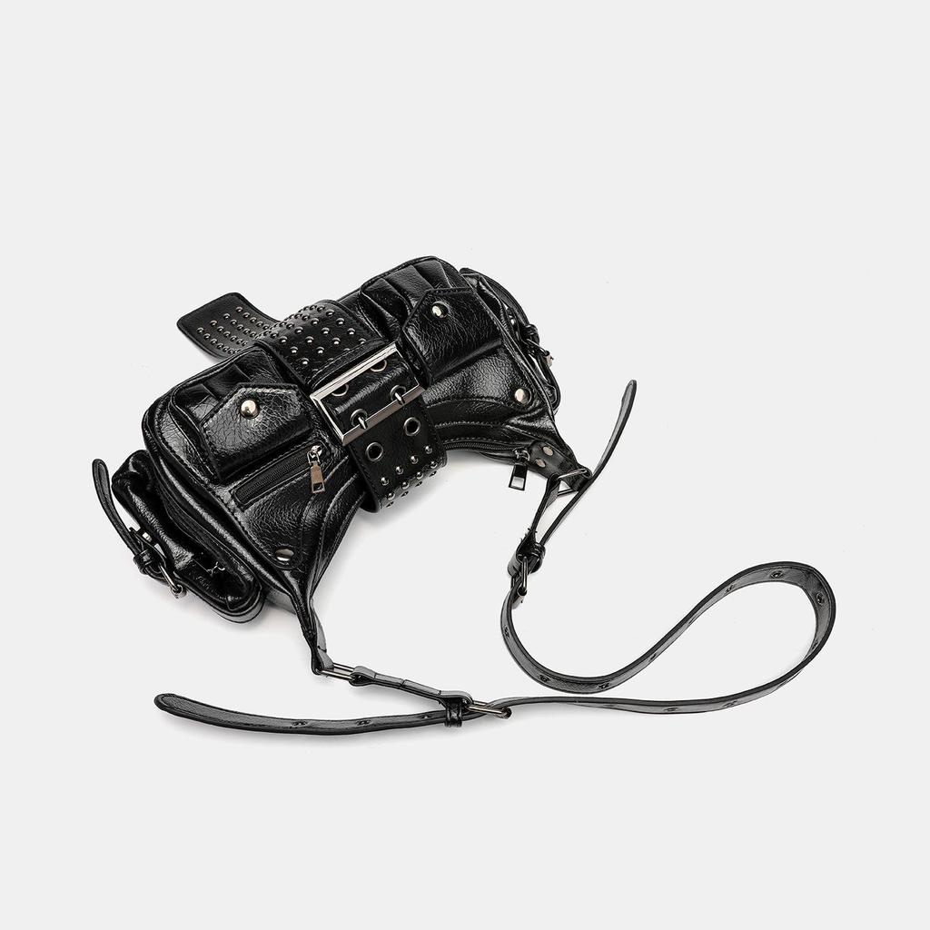 Niche Distressed Leather Single-Shoulder Bag with Personalized Rivets, Workwear Style Underarm Crossbody Bag