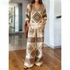 Bohemian Print Cotton and Linen Shirt Long-sleeved Wide-leg Pants Two-piece Set V-neck Vacation Loose Casual Suit Women