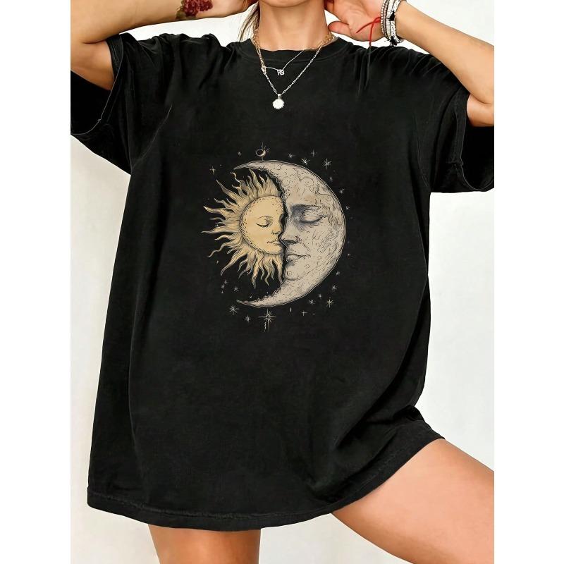

Black Oversized T Shirt With Sun And Moon Print For Casual Wear XXXXL чёрный