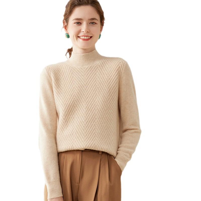 Women's Cashmere V-Neck Twill Sweater - Half-High Collar, Long Sleeve, Loose Fit, Slimming Base Layer for Autumn & Winter.