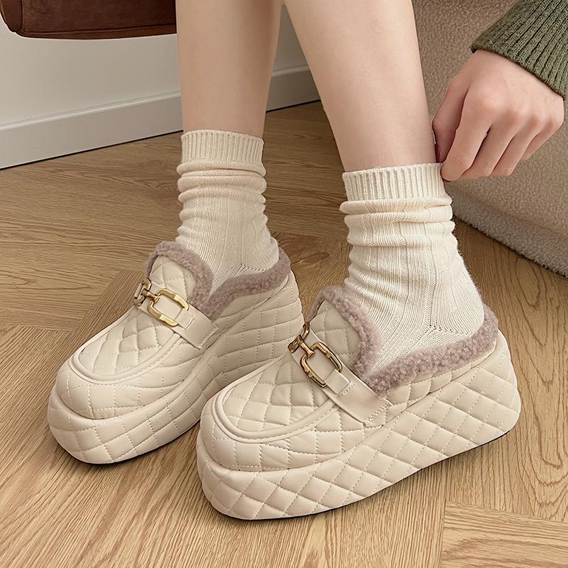 Fashion Aphixta 8cm Platform Metal Buckle Design Slippers Women Wedge Slides Women Shoes Checkered Furry Slides Slip On Winter Shoes