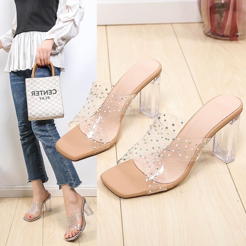High-heeled Fish-mouth Cool Slippers, New Transparent Rhinestone Slippers, Fashionable Outer Wear, Thick-heeled Fashion Flip-flops.