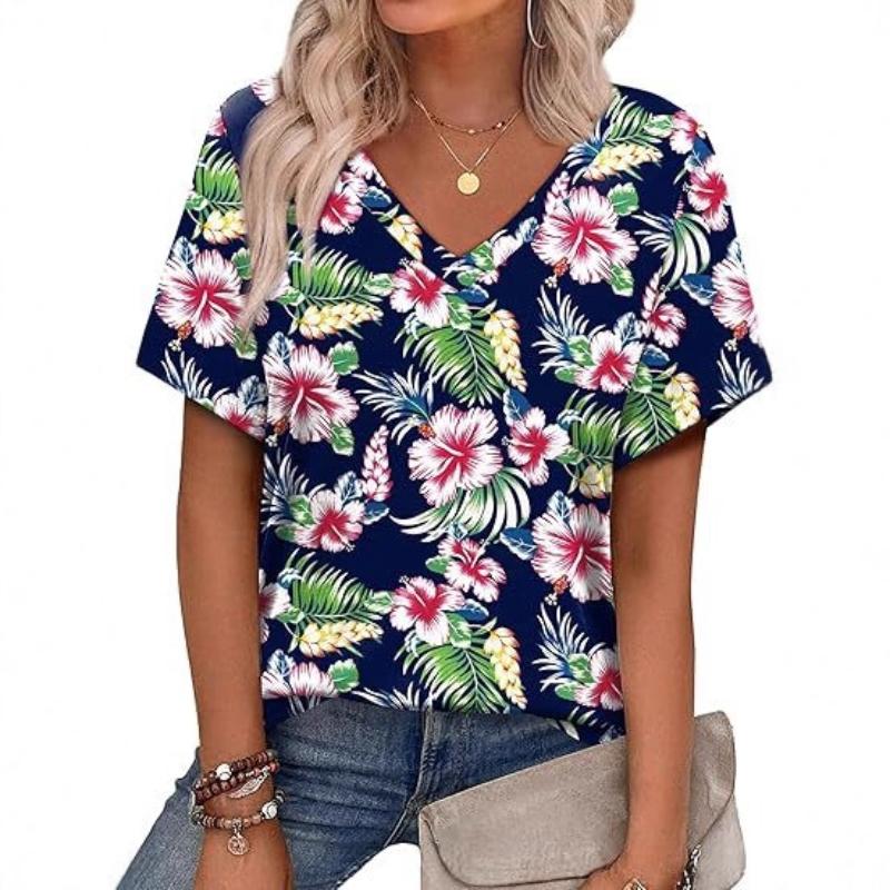 Women s V-neck Top Floral Floral Print Short Sleeve T-Shirts Women’s S