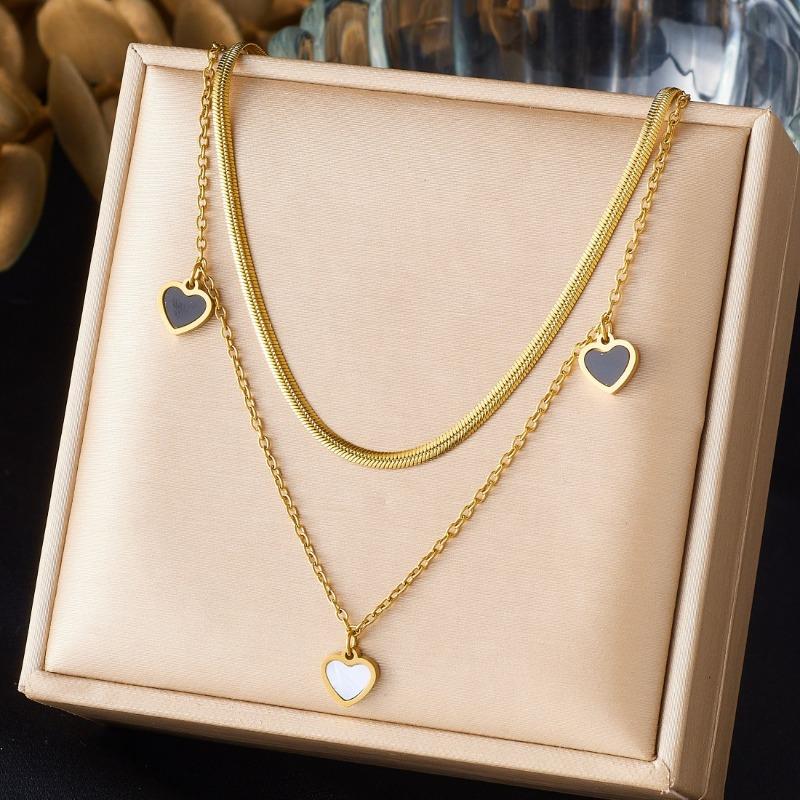 Gold Plated Double Layer Necklace with Black and White Heart Charms Fashion Jewelry for Women