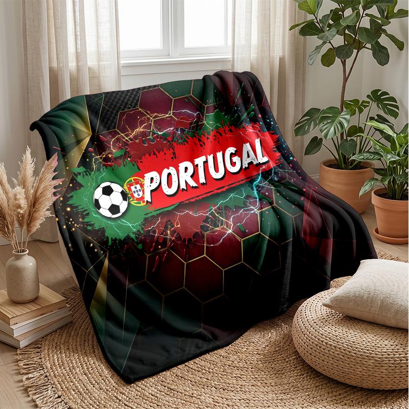 שמיכת פלנל מודפסת בכדורגל פורטוגל, ידידותית לעור, חמה, שמיכת נוי לספה, מיטה, שימוש יומיומי
