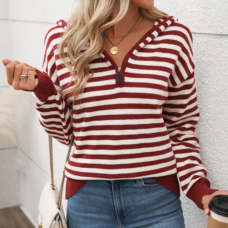 New Autumn and Winter Casual Commuting Retro Style Striped Zipper Hooded Sweater for Women