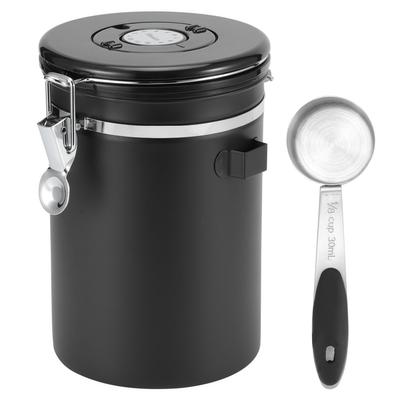 1,8 l 304 Edelstahl Verschlussdose Luftdichter Aufbewahrungsbehälter mit Löffel für Kaffeebohnen Tee Trockenfrüchte Schwarz Glas