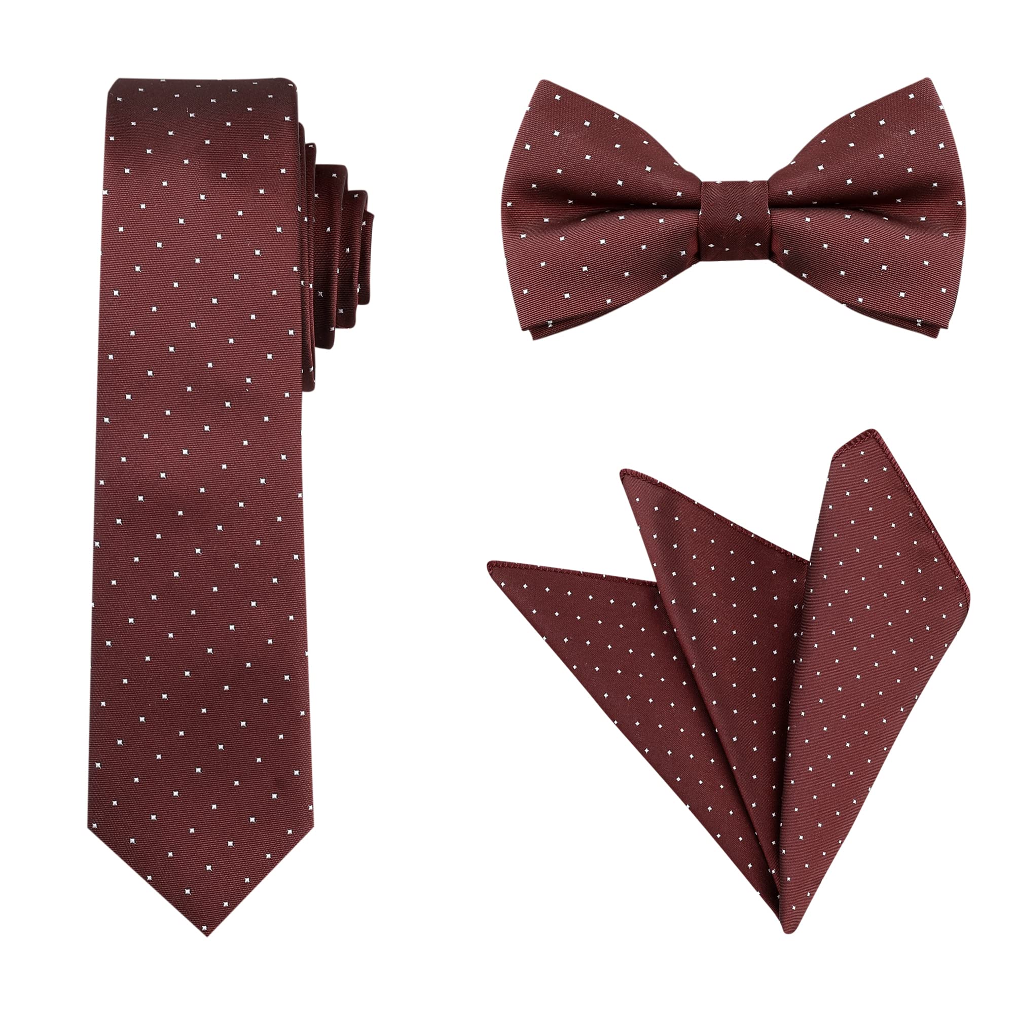 

[Allegra K] Галстук, Галстук-бабочка, Карманный платок, Набор из 3 предметов, В горошек, Свадебный, Формальный, Мужской, Винно-красный, Один размер