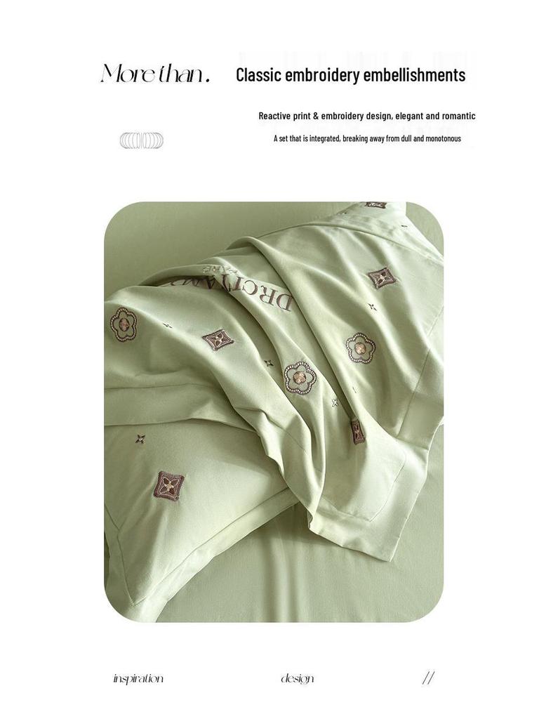 Elegant All-Cotton Flannel 4-Piece Bedding Set with Embroidered Duvet Cover and Skin-Friendly Bed Sheet