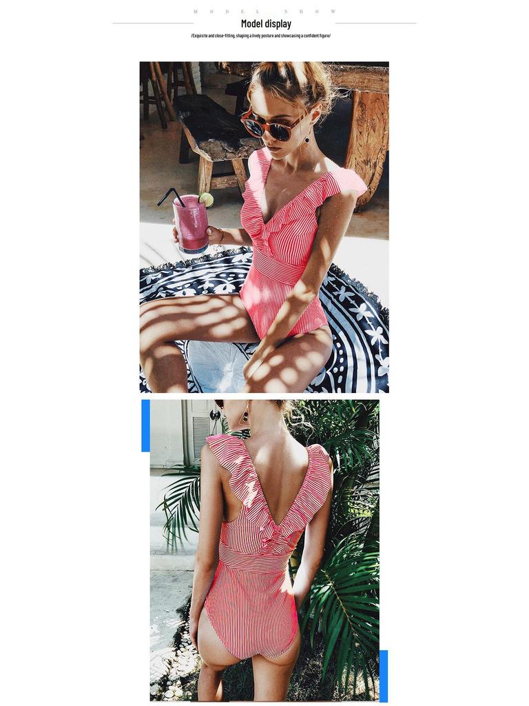Ruffled Striped V-Neck Backless One-Piece Swimsuit - European and American Style