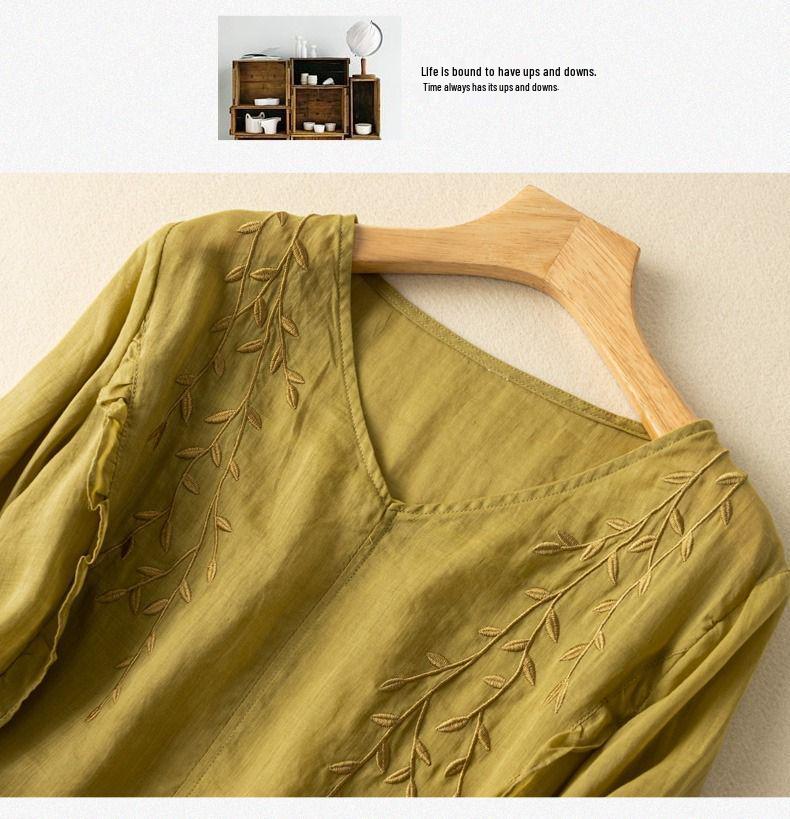 Women's Retro Embroidered Cotton & Linen Top - Loose Fit, Versatile, 2024 Summer Collection