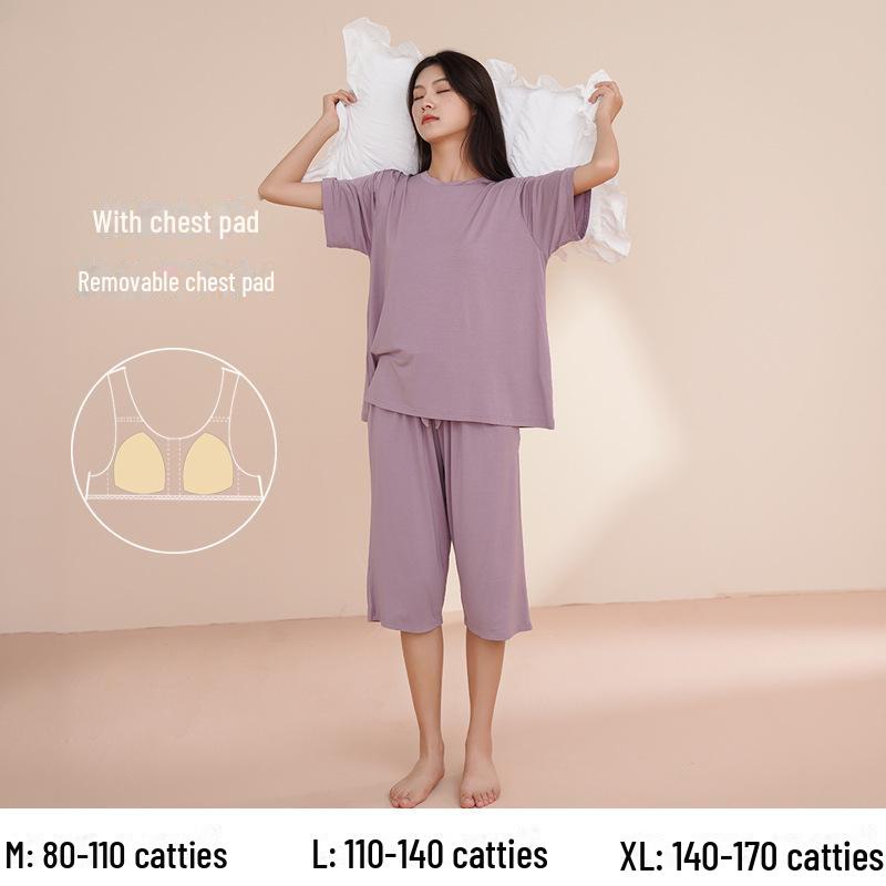 Women's Summer Short-Sleeve Modal Cotton Pajama Set with Chest Pad