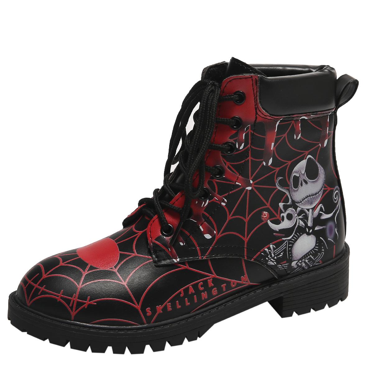 

European and American foreign trade large size Halloween printed short leather boots women s round head thick heel front lace-up round head thick heel 43