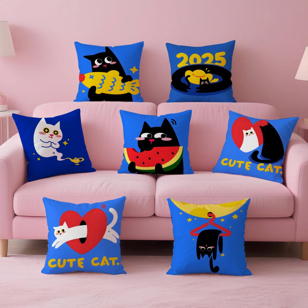 Cute cat illustration Cushion Cover Pillow Case Soft Friendly Fabric Concealed Zipper