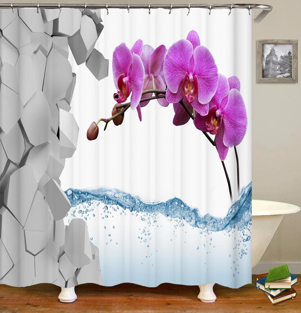 Colorful Tulip Lotus Flowers Trees Shower Curtain Bathroom Curtains Nature Flower Waterproof Polyester Fabric Bathtub Decor