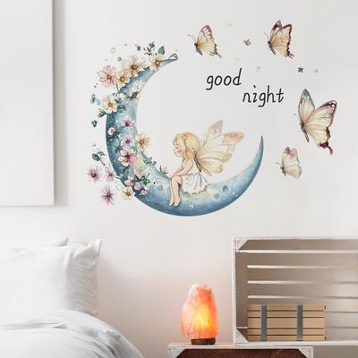Verträumte kleine Fee Mond Schmetterling Blume Schlafzimmer Wohnzimmer Zuhause Hintergrund Verschönerung und Dekoration Wandaufkleber