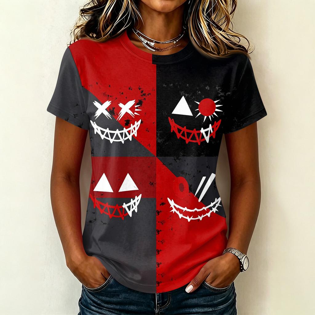 Women's Short Sleeve Round Neck T-Shirt with Halloween Print Pullover Casual Top for Party