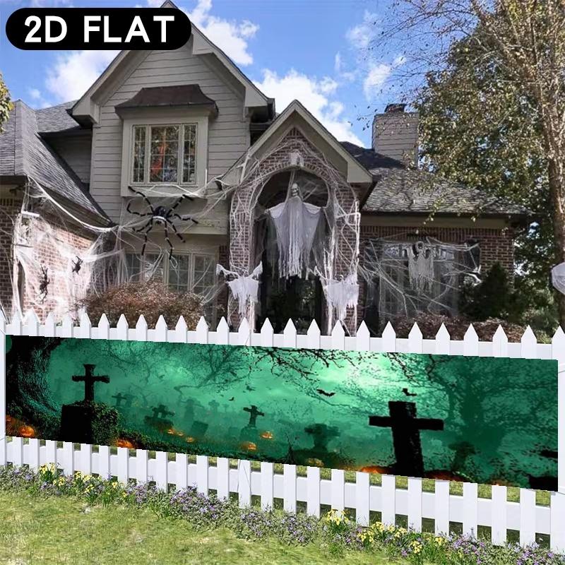 Halloween Graveyard Fence Party Banner, Pumpkin Bat Gothic Horror Design, Polyester Outdoor Garden Decoration