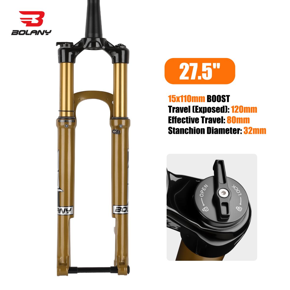 BOLANY MTB Suspension Air Fork 27.5/29 inch 120mm Travel MTB Fork Magnesium Alloy Ultralight Design 15x110mm Boost Bicycle Fork 27.5 - Gold