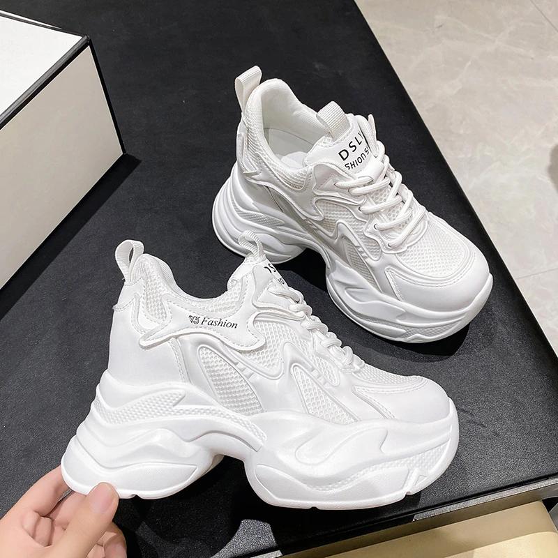 Fashion Women Spring Non-slip Chunky Sneakers Thick Bottom Female Casual Dad Shoe Lace Up 10CM High Platform Vulcanized Shoes Woman