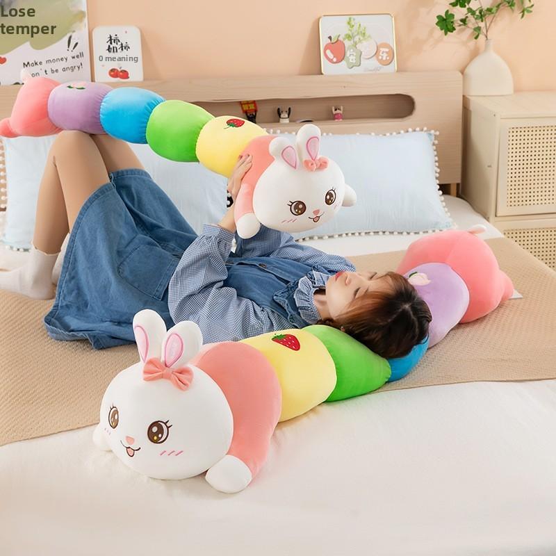 Cute Rainbow Long Plush Bunny Pillow For Girls Sleep Comfort