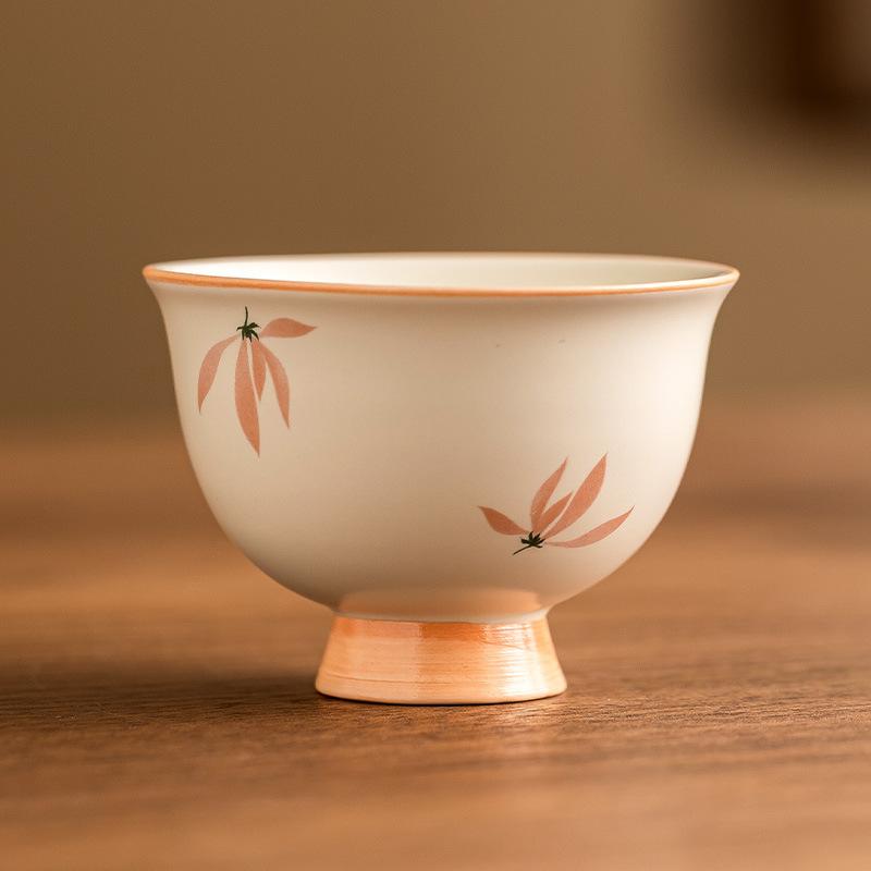 Mellow Yellow Glaze Ceramic Tea Cup with Orchid Design High Foot Personal Master Cup for Chinese Gongfu Tea Gift