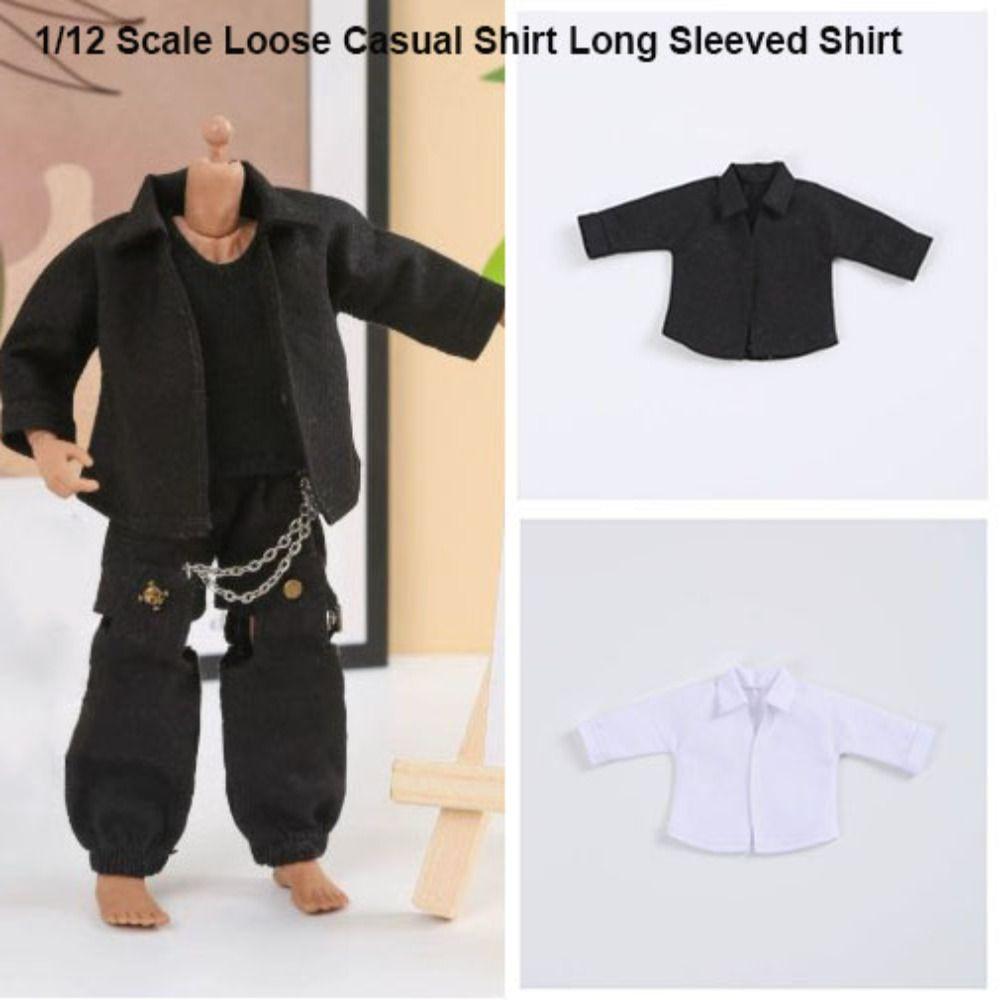 Solid Color 1/12 Scale Casual Shirt Loose Fashion Long Sleeved Shirt Cute Black/White for 6'' Figure Doll