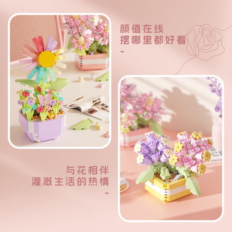 Building Block Flower Potted Succulent Rose Hibiscus Flower Sunflower Compatible Lego Ornaments Girls Teachers' Day Gift