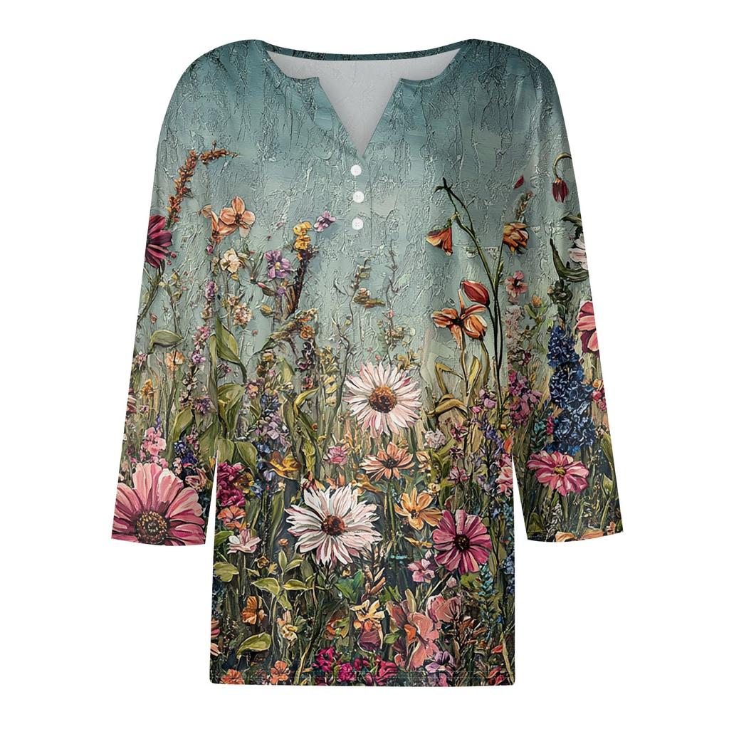 Women's T Shirt Tee Print Button  3/4 SleeveDaily Weekend Fashion Basic V- Neck Regular Top