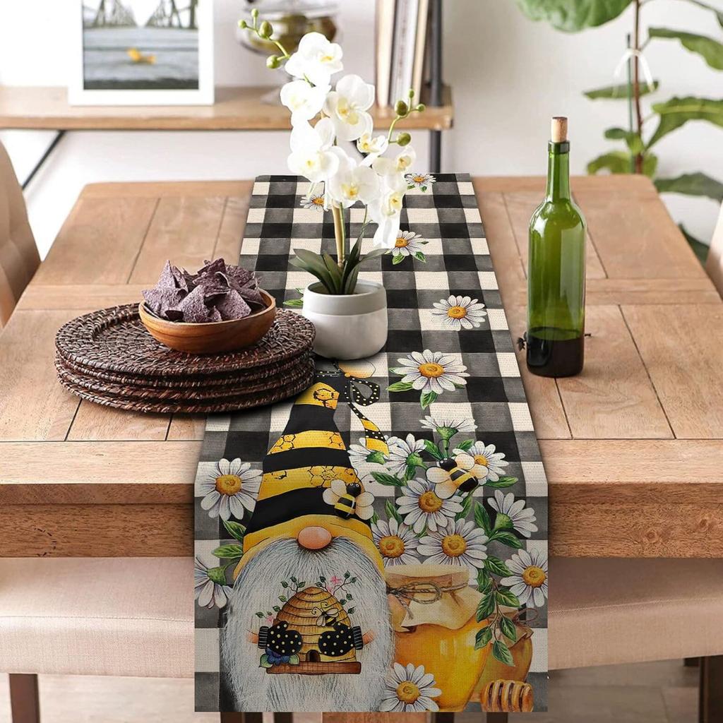 Seliem Spring Bee Gnome Table Runner, Honey Black White Buffalo Plaid Check Home Kitchen Dining Decor, Summer Seasonal Farmhouse Daisy Decorations