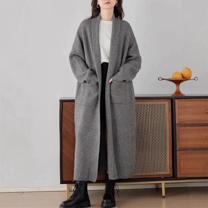 Autumn and winter new solid color commuting simple knitted cardigan women's loose lazy style long sweater jacket