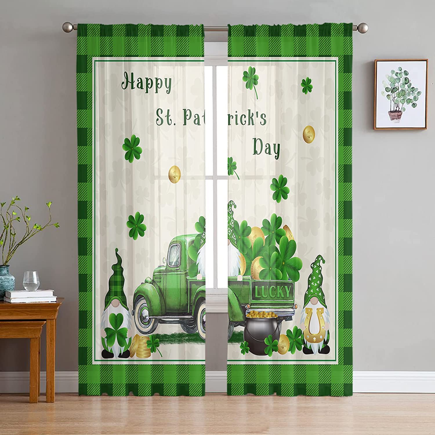 

День Святого Патрика Прозрачные Шторы Трилистники Золотая Пивная Шляпа Вуаль Шторы Зеленые Листья Счастья Оконные Шторы Для Спальни Гостиной 1 PCS W100XH250cm&Grommet Top