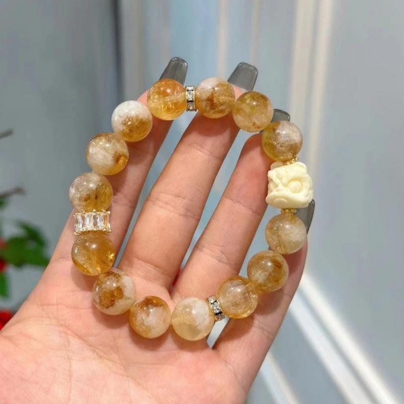 Natural Yellow Tower Crystal Ruyi Lion Bracelet - Wealth-Attracting Yellow Xiaohongshu Style.