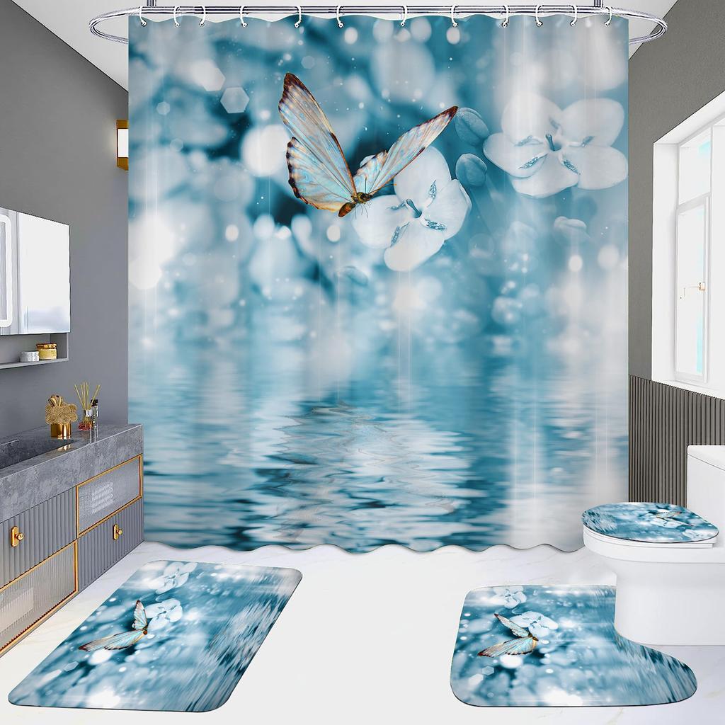 4-Piece Shower Curtain Set with HD Digital Printing | Waterproof, Drill-Free, Ideal for Home/Hotel Bathroom Partition