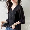 MODIQUE Sommer Übergröße Damen Baumwolle Leinen Chiffon Bluse Hemden Uni Sommer Mäntel Oversize V-Ausschnitt Halber Ärmel Knöpfe