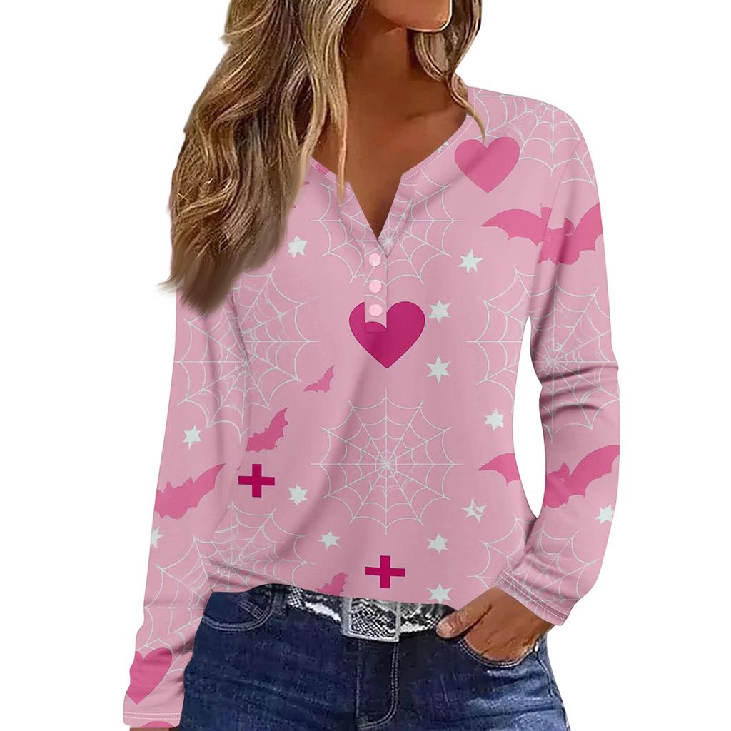 Women's Casual Long Sleeve Halloween Print V-Neck T-Shirt with Decorative Buttons