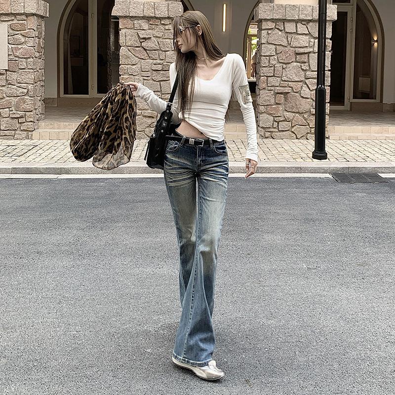 American low-rise micro-flared jeans for women's autumn and winter new elastic straight tube without leg-sticking flared pants Yichun