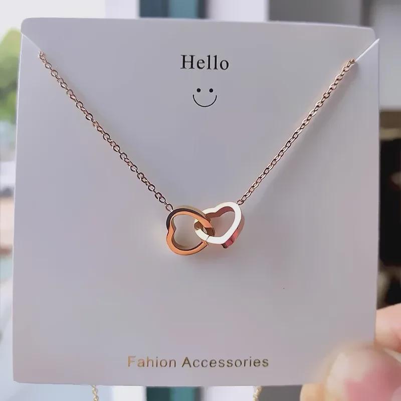 18K Rose Gold Plated Titanium Steel Double Ring Necklace - No Fade, Dainty Clavicle Design for Women