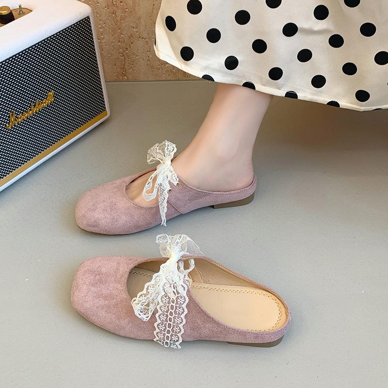 Beautiful bag head half slippers women's outer wear spring and summer new flat bottom lace bow Mary Jane sandals