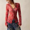 Damen Frühling Blumendruck Netzbluse V-Ausschnitt Knopfleiste Slim Fit Retro Pendler Urlaub Langarm Damen Oberteil