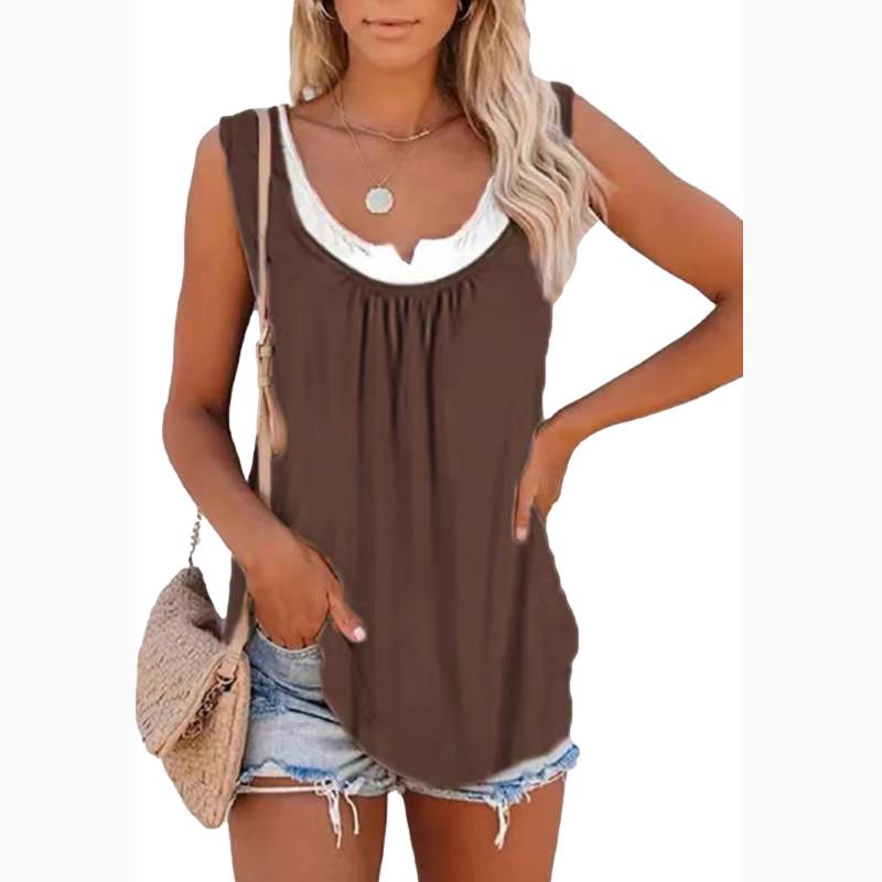 T-shirt con gilet senza maniche a due strati finto da donna patchwork estivo Canotta con fondo da donna elegante casual allentata