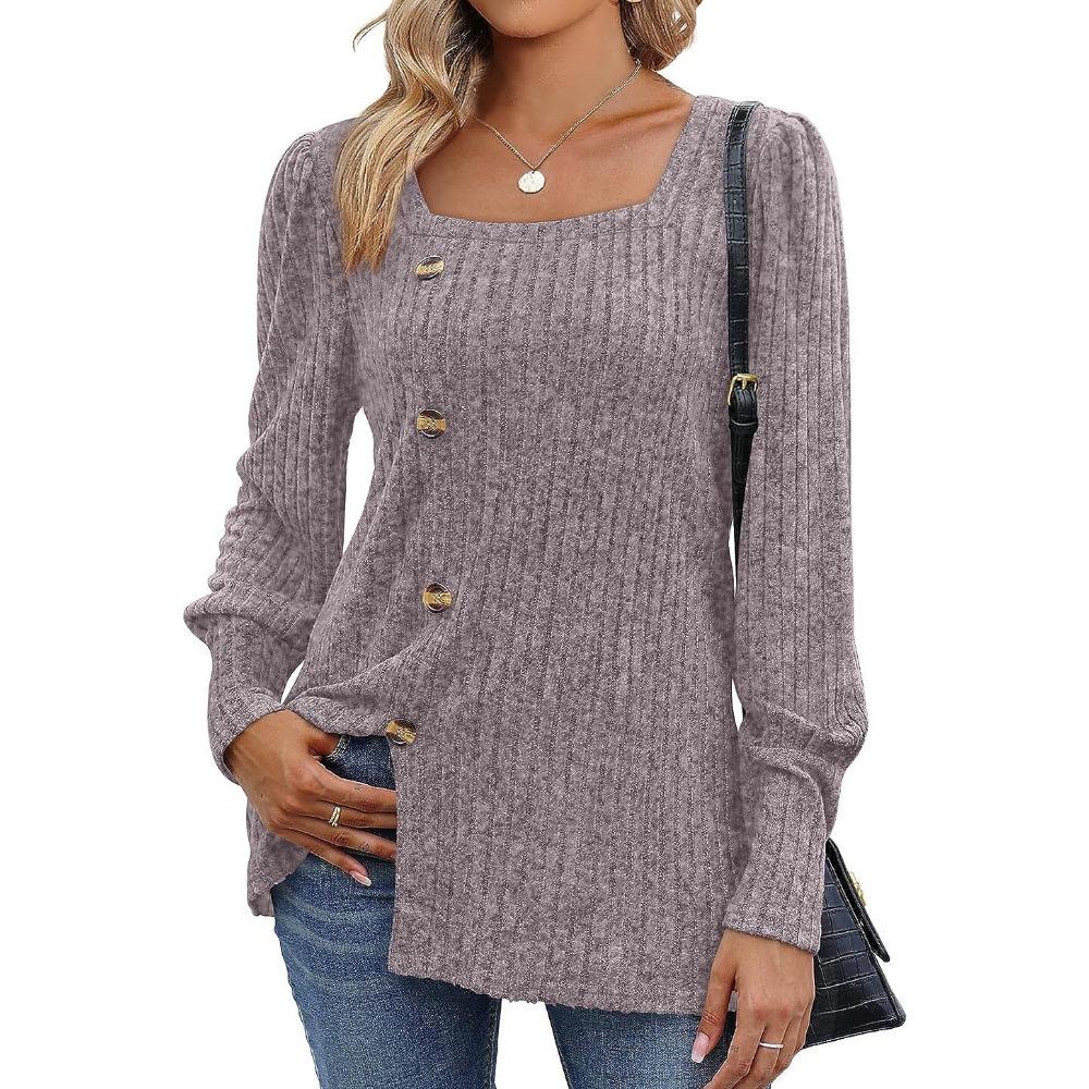 

GMXIA Осенне-зимняя футболка женская с квадратным вырезом, длинным рукавом и однотонной расцветкой L коричневый