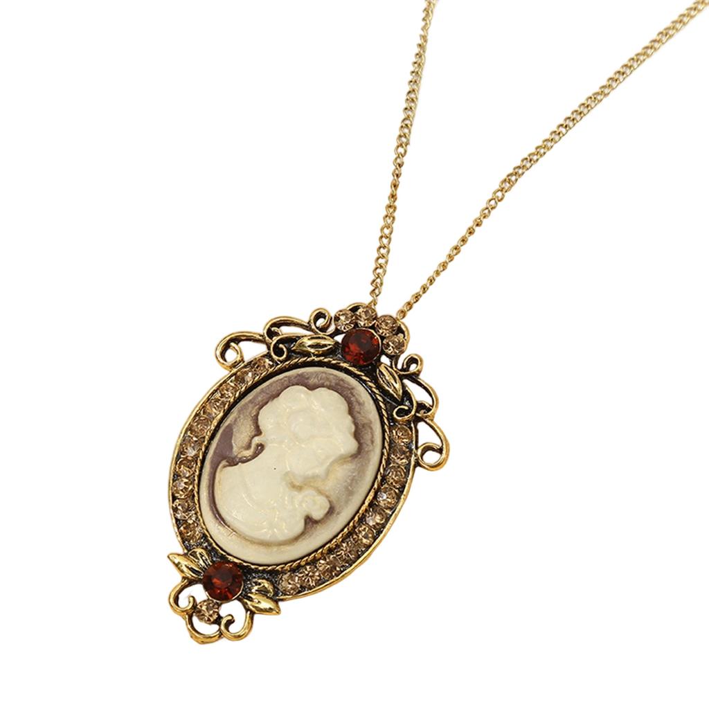Oval Cameo Pendant Necklace with Crystal Rhinestones Handmade Vintage Jewelry Accessory Stylish Outfit Enhancer
