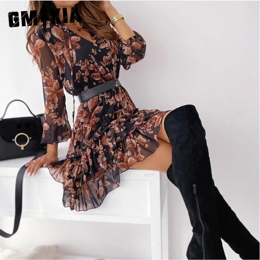 GMXIA Women Summer Chiffon Floral Print V Neck Long Sleeve Slim Fit Flouncing Dress