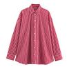 Women's Point Collar Long Sleeve Button Down Shirt Loose Fit Minimalist Striped Poplin Blouse