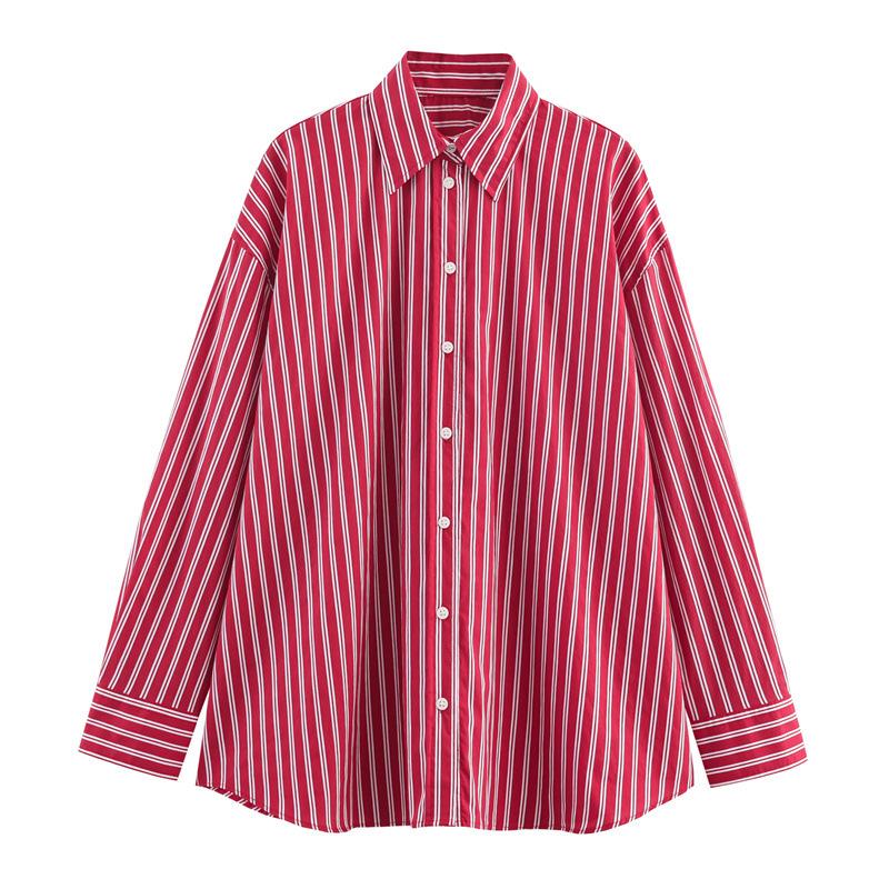Women s Point Collar Long Sleeve Button Down Shirt Loose Fit Minimalist Striped Poplin Blouse XS