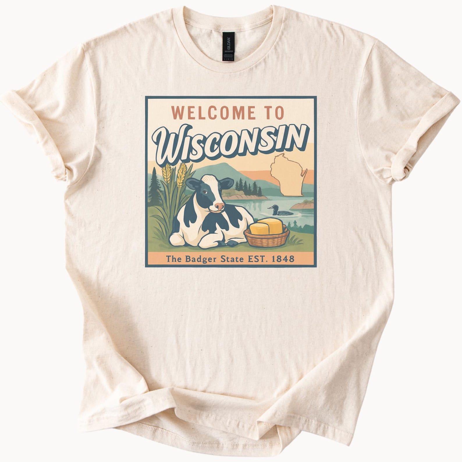 Welcome to Wisconsin Cow Cheese State Graphic T Shirt Wisconsin Landscape Dairy Farm Badger State Souvenir Shirt Est 1848 Shirt Gift 130